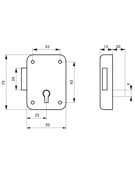 Serrure de meuble 50 mm axe 25 mm droite 00008350