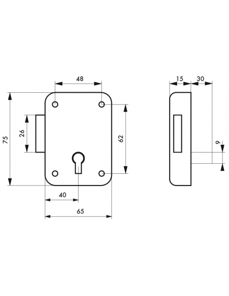 Serrure de meuble 65 mm axe 40 mm droite 00008370