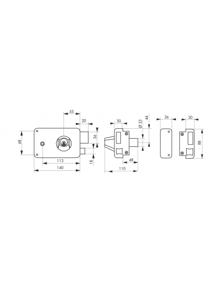 Serrure en applique à Double Cylindre - 140x88 mm / 75x130mm - à fouillot / tirage - droite / gauche (selon modèle) 00500116
