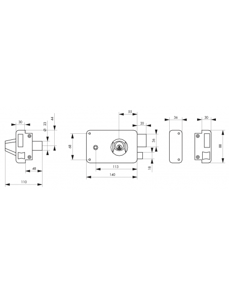 Serrure en applique à Double Cylindre - 140x88 mm / 75x130mm - à fouillot / tirage - droite / gauche (selon modèle) 00500116