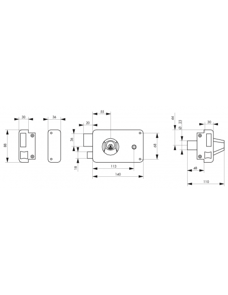 Serrure en applique à Double Cylindre - 140x88 mm / 75x130mm - à fouillot / tirage - droite / gauche (selon modèle) 00500116