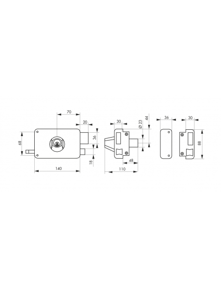 Serrure en applique à Double Cylindre - 140x88 mm / 75x130mm - à fouillot / tirage - droite / gauche (selon modèle) 00500116