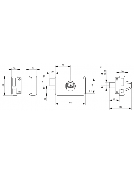 Serrure en applique à Double Cylindre - 140x88 mm / 75x130mm - à fouillot / tirage - droite / gauche (selon modèle) 00500116