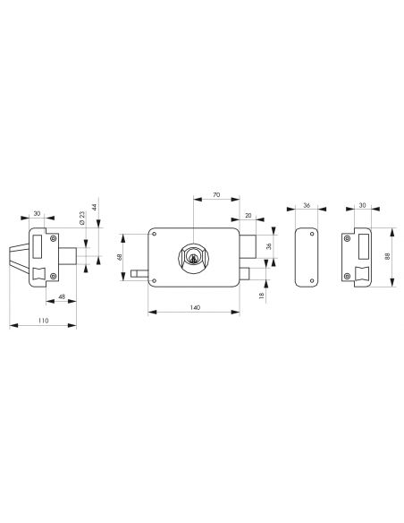 Serrure en applique à Double Cylindre - 140x88 mm / 75x130mm - à fouillot / tirage - droite / gauche (selon modèle) 00500116