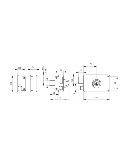 Serrure en applique à Double Cylindre - 140x88 mm / 75x130mm - à fouillot / tirage - droite / gauche (selon modèle) 00500116