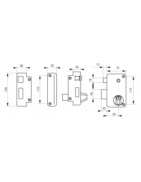 Serrure en applique à Double Cylindre - 140x88 mm / 75x130mm - à fouillot / tirage - droite / gauche (selon modèle) 00500116