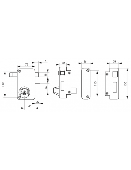 Serrure en applique à Double Cylindre - 140x88 mm / 75x130mm - à fouillot / tirage - droite / gauche (selon modèle) 00500116