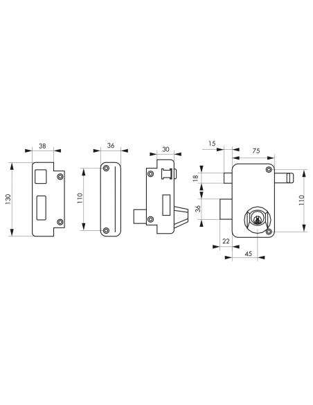 Serrure en applique à Double Cylindre - 140x88 mm / 75x130mm - à fouillot / tirage - droite / gauche (selon modèle) 00500116