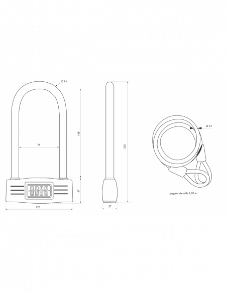 Antivol U à combinaison avec Antivol Câble Ø12mm x120cm 00580420