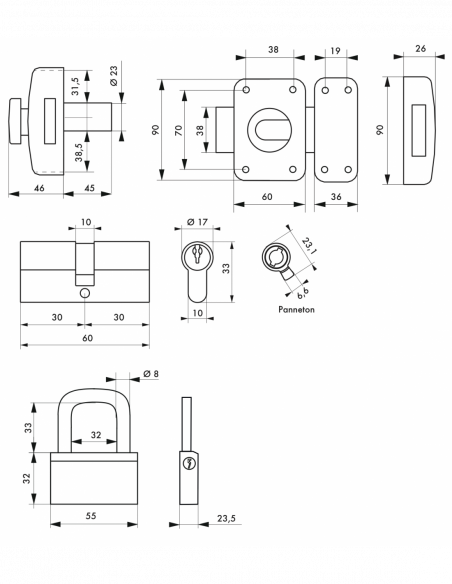 LOT de produit "Clé unique" - cadenas NAUTIC, cylindre HG profilé 30 x 30, verrou CAPITAL à bouton et cylindre HG 45 mm 6 clé...