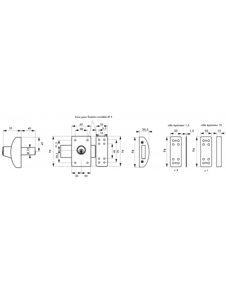 Verrous de porte d'entrée vitrée DESIGN 5 goup. 3 clés (40 - 45 - 50mm) (Plusieurs finitions possible) 00372505