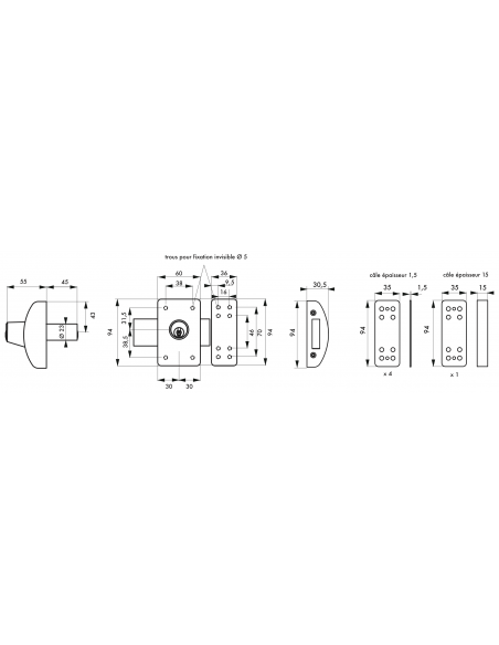 Verrous de porte d'entrée vitrée DESIGN 5 goup. 3 clés (40 - 45 - 50mm) (Plusieurs finitions possible) 00372505