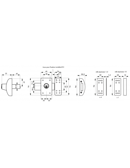 Verrous de porte d'entrée vitrée DESIGN 5 goup. 3 clés (40 - 45 - 50mm) (Plusieurs finitions possible) 00372505