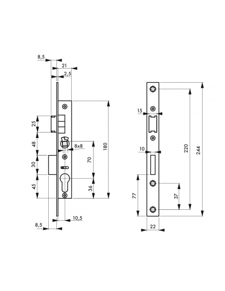 Serrure à encastrer À CYLINDRE - Entre Axe 70 - axe 10,5mm OU 16,5mm 00014710