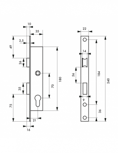 Serrure à encastrer à cyl. axe 22 L 40 E70 r - Thirard