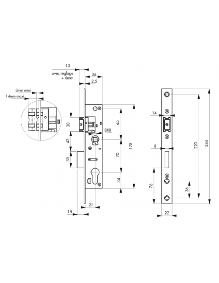 Serrure à encastrer POUR CYLINDRE - Entre Axe 70 - axe 21 / 24 / 30 (selon modèle) 00015721