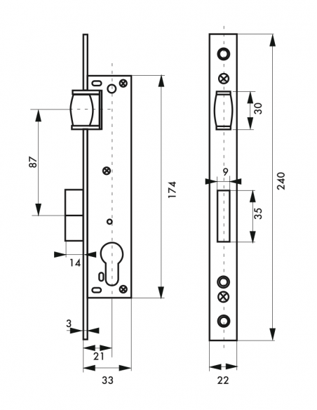 Serrure à encastrer POUR CYLINDRE - Entre Axe 85 - axe 20 / 25 / 30 (selon modèle) 00411820