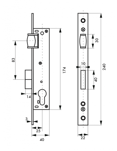 Serrure à encastrer POUR CYLINDRE - Entre Axe 85 - axe 20 / 25 / 30 (selon modèle) 00411820