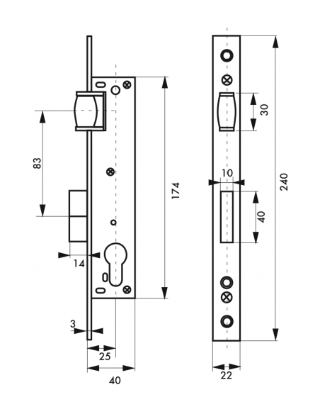 Serrure à encastrer POUR CYLINDRE - Entre Axe 85 - axe 20 / 25 / 30 (selon modèle) 00411820