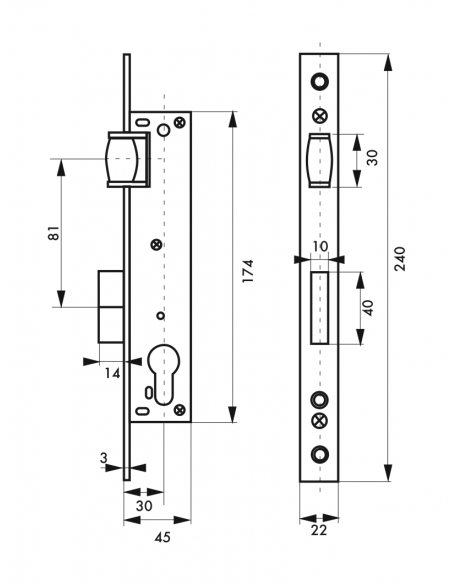 Serrure à encastrer POUR CYLINDRE - Entre Axe 85 - axe 20 / 25 / 30 (selon modèle) 00411820