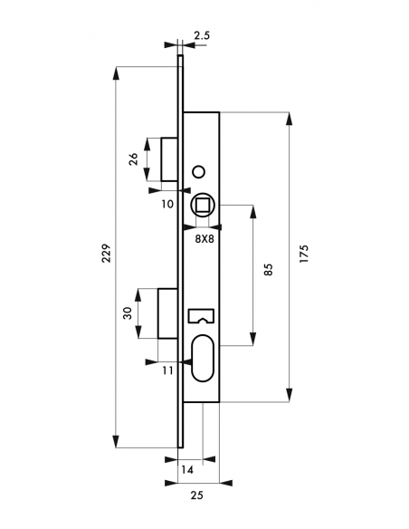 Serrure à encastrer à cylindre axe 14mm 3 clés - Entre Axe 85 - tétière acier laitonnée 00094381