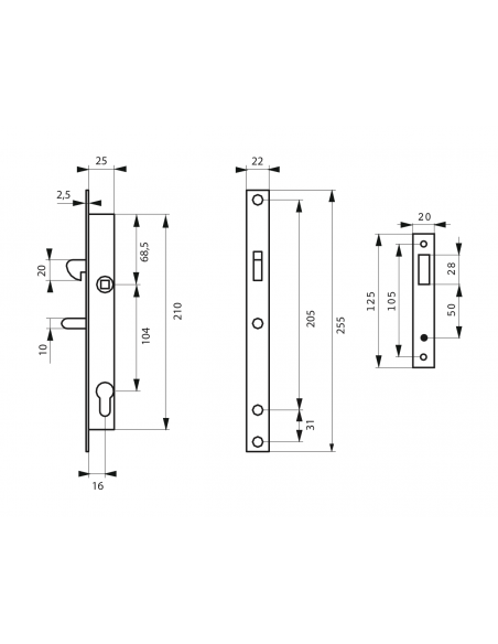 Serrure à encastrer - axe 16 L 25 Entr Axe 104mm 00402825