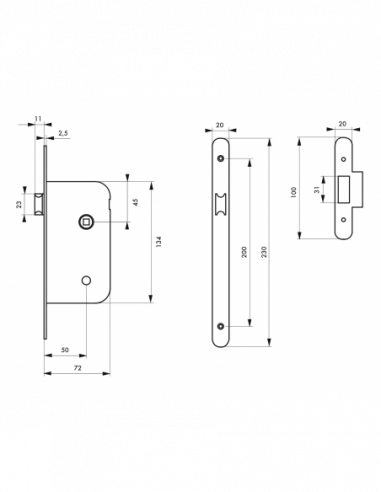 Serrure Encastrée Gerda 90/50 KeyMet - Acier - 170x80mm - Pour Porte Gauche/droite