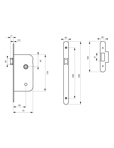 Serrure à encastrer axe à 50 mm, coffre épaisseur 10 mm bec de cane - têtière bouts ronds 00413930