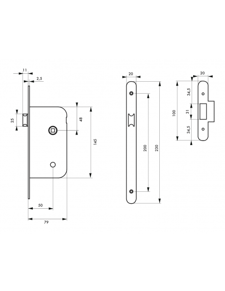 Serrure à encastrer bec de cane - Axe 50mm - porte d'intérieur 00001200