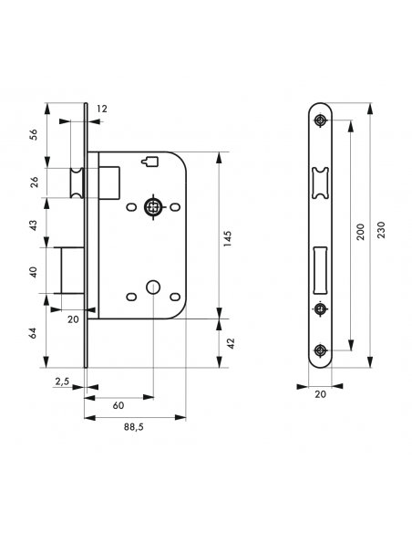 Serrure à encastrer Axe 60 - A ENCASTRER Epoxy noir bec de cane têtière BR - porte d'intérieur 00009310