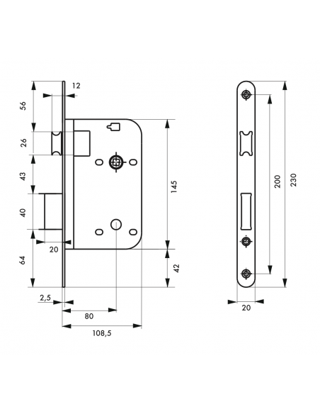 Serrure à encastrer Axe 80 - A ENCASTRER bec de cane têtière BR - porte d'intérieur 00080290