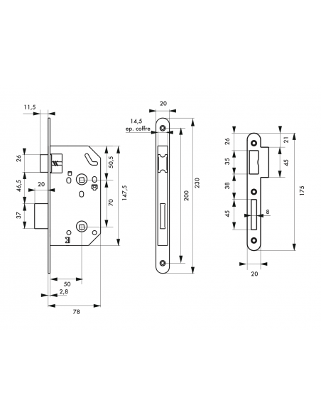 Serrure à encastrer UNIMAX CE NF QC têtière Bouts Ronds - NF - Axe 50mm - Pour sanitaire 00015201