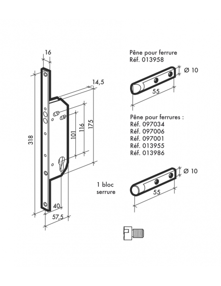 Serrure de dépannage Axe 40mm ou 50mm pour serrure à encastrer multipoints 00413994