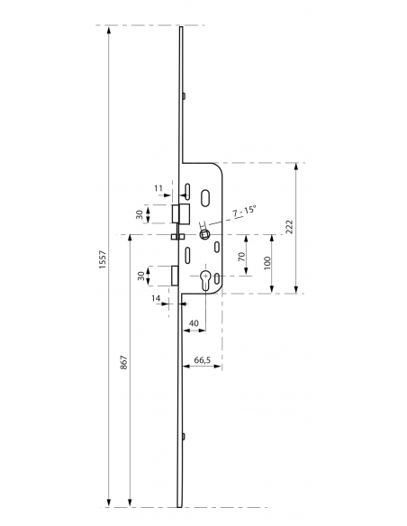 Serrure à encastrer TRIMATIC + 2 prolongateurs 423 mm avec 1 galet. Têtière 18 mm 00097006