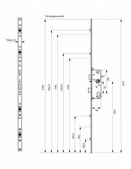 Serrure à encastrer SECURY R4- 5 points - Hauteur poignée 1050 mm (porte d'entrée BOIS et PVC) 00013955