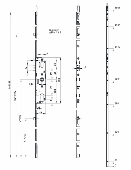 Serrure à encastrer FENSTER Têtière 16 mm - Hauteur poignée 730 à 980 mm* (avec rallonge) 00097048