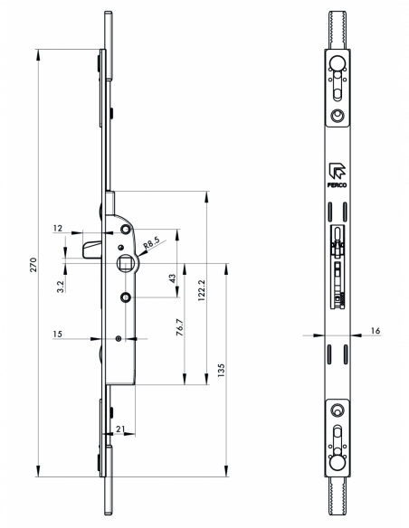 UNIJET CREMONE à panneton - Ouvrant à la française Dimensions : H 270 mm - Pour têtière : 16 mm 00013940