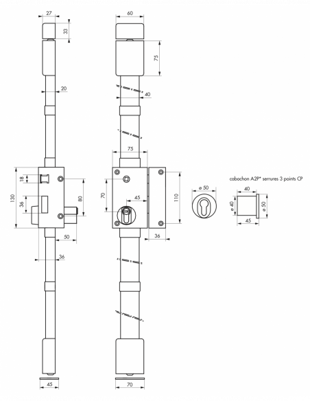 Serrure en applique TARGA A2p* bronze CP TRANSIT 2 à fouillot 75 x 130 mm - 4 clés 00753110