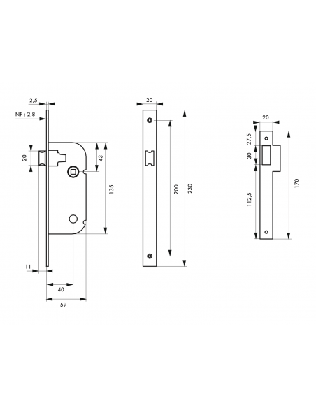 Serrure à encastrer NF - BEC DE CANE - Axe 40mm - porte d'intérieur 00401500