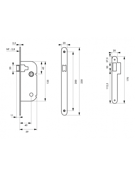 Serrure à encastrer NF - BEC DE CANE - Axe 40mm - porte d'intérieur 00401500