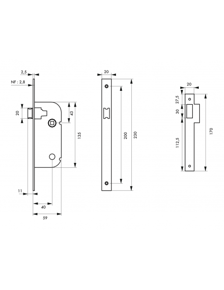 Serrure à encastrer NF - BEC DE CANE - Axe 40mm - porte d'intérieur 00401500