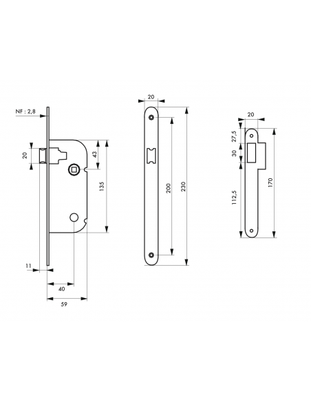 Serrure à encastrer NF - BEC DE CANE - Axe 40mm - porte d'intérieur 00401500