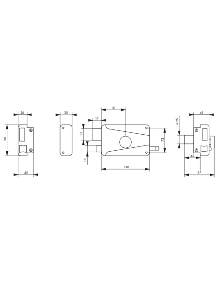 Serrure en applique à cylindre et bouton à tirage 140 x 90 mm droite 00500114