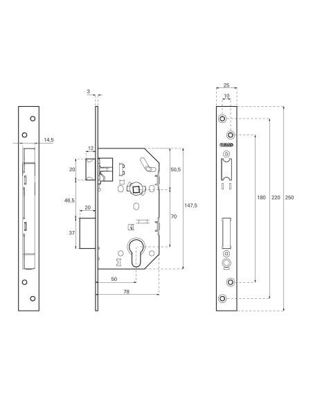Boitier serrure type M axe 50mm à cylindre têtière XL 25mm noire BC 00006831