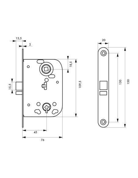 Serrure axe 45mm pêne dormant 1/2 tour têtière laitonnée BR 1 clé 00093666