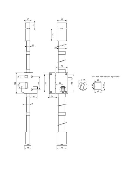 Serrure en applique TARGA A2p* bronze CP TRANSIT 2 à fouillot 75 x 130 mm - 4 clés 00753110