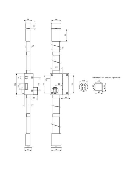 Serrure en applique TARGA A2p* bronze CP TRANSIT 2 à fouillot 75 x 130 mm - 4 clés 00753110