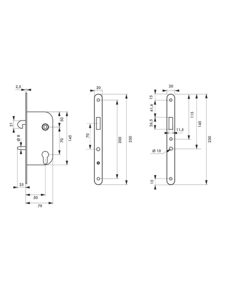 Serrure à encastrer à mentonnet Epoxy noir - Axe 50mm - pour porte coulissante 00411288