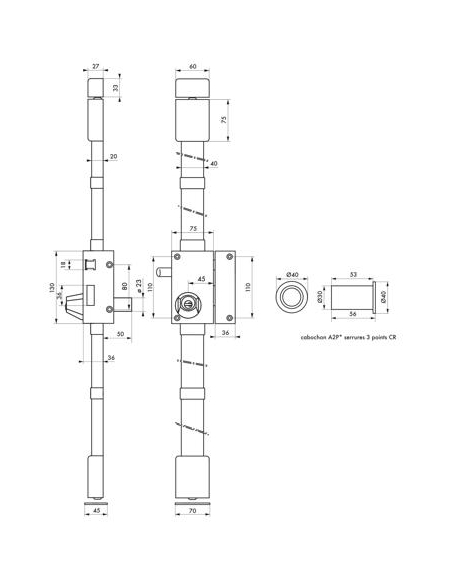 Serrure en applique VERTI bronze CR Ø 23 Transit 2 à tirage 75 x 130 | 4 clés 00050210