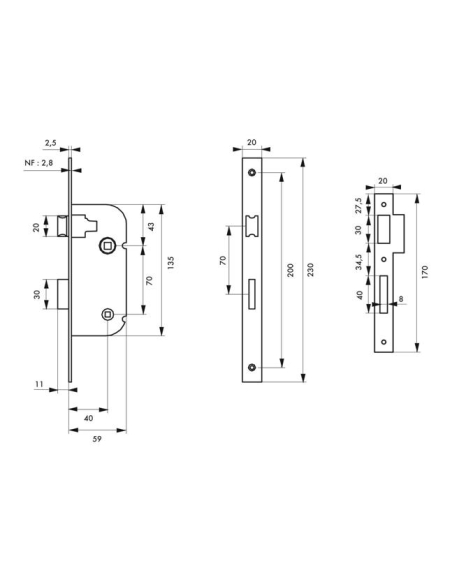 SERRURE axe 40 mm à condamnation tétière inox BR avec gâche 00982111